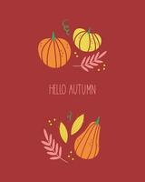 Autumn template with pumpkins and color leaves, fall mood vector illustration for banner, greeting card, polygraph, label, print. Background for autumn holidays, isolated backdrop