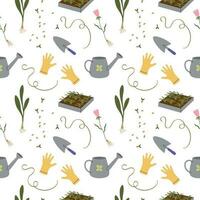 Gardening seamless pattern of various garden items. Repeating background with gardening tools, gloves, seedlings, flowers, shovel, watering can. Decorative ornament for print, wrapping, paper, fabric vector