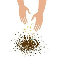 Hands throw seeds into the ground. Sower vector illustration, concept of farming, gardening, cultivation on isolated white background. Design element for poster, print, template, label, card