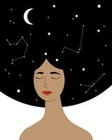 Sleeping woman vector illustration on isolated white background. Character with long hair, decorated with moon, stars, constellations, flat illustration about sleep, magic, horoscope, lifestyle health