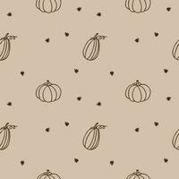 Autumn seamless pattern boho style with pumpkins and fall leaves. Vector illustration of autumn ornament repetitive background. For textile, wrapping, card, polygraph, print, wallpaper. Hand drawn