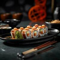 High quality photo of a sushi roll placed on a smooth black plate surrounded by chopsticks, soy sauce and wasabi, in the background of a modern Japanese restaurant. Generative AI