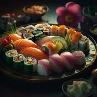 Photorealistic image of a colorful sushi platter, with vibrant slices of fish and delicate rolls. Generative AI photo