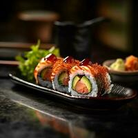 High quality photo of a sushi roll laid out on an elegant black plate in front of a modern Japanese restaurant. Generative AI