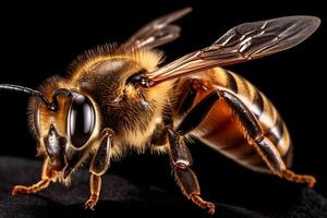 Close-up Honey bee isolated on black background. photo