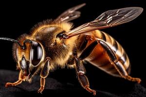 Close-up Honey bee isolated on black background. Generative AI photo