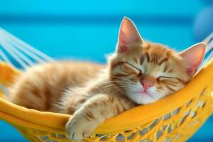 Cute ginger kitten sleeping in a hammock. International cat day. Generative AI photo