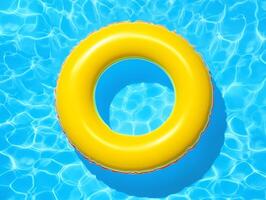 3d yellow inflatable pool ring, top view, pool background with blue water. photo