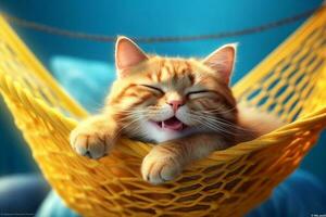 Cute ginger kitten sleeping in a hammock. International cat day. Generative AI photo