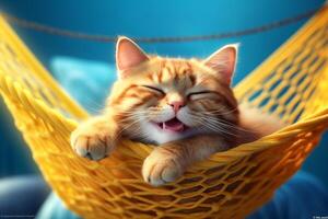 Cute ginger kitten sleeping in a hammock. International cat day. photo
