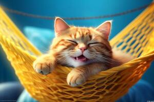 Cute ginger kitten sleeping in a hammock. International cat day. Generative AI photo