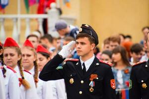 festivo desfile en mayo 9 9 en slavyansk-on-kuban, en honor de victoria día en el genial patriótico guerra. foto