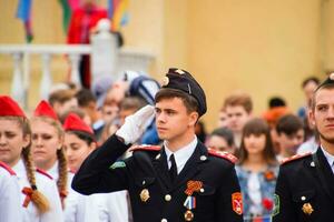 festivo desfile en mayo 9 9 en slavyansk-on-kuban, en honor de victoria día en el genial patriótico guerra. foto