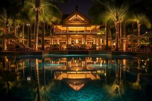 Luxury Resort Hotel with Swimming Pool and Nature View Relaxing Place for Holiday at Night photo