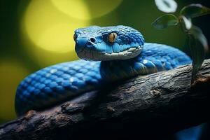 cabeza de azul víbora serpiente salvaje animal con agudo mirada en árbol rama en bosque foto