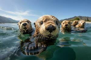 a Group of Otter Swimming in Blue Sea Ocean with Landscape Nature on Bright Day photo