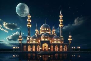 Beautiful Big Mosque Worship Place Islamic Muslim Religion with Full Moon and Clouds at Night photo