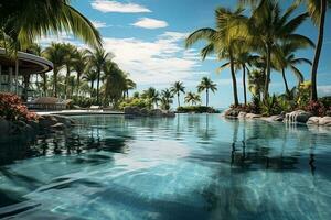 hermosa paisaje de un piscina en hotel recurso con naturaleza ver en soleado día foto