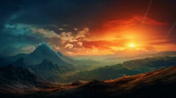 hermosa naturaleza paisaje de pico colinas montañas con amanecer en el cielo foto