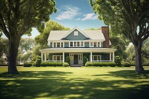 Beautiful Hampton Style Luxury House Home Building with Garden and Trees on Bright Day photo