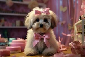 Beautiful Cute Fluffy Dog Pet Wearing Pink Ribbon Playing in the Room Looks Adorable photo