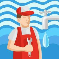 Plumber in uniform with wrench during plumbing service works with water on background - vector image. Different professions concept