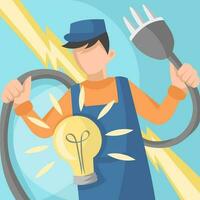 Electrician in uniform with socket plug cable and lightbulb during electrician works with electric current on background - vector image. Different professions concept