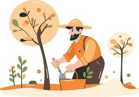 mano dibujado granjero plantando vegetales en plano estilo vector