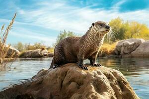 Wild Otter Standing on a Rock Stone with River Lake View in Blue Sky photo