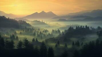 Nature Landscape of Hills Mountains Surrounded by Pine Trees in a Foggy Forest at Morning photo