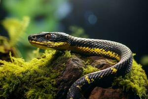 negro tipo de serpiente venenosa serpiente mira peligroso en un cubierto de musgo rock con naturaleza ver en brillante día foto