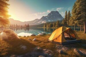 Camping Tent with Beautiful Lake Mountains Landscape View Relaxing Holiday Adventure at Morning photo