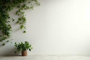 Decoration of English Ivy Indoor Hanging Plant with Aesthetic White Wall Background photo