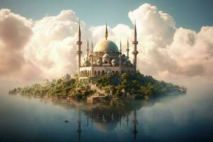 turco mezquita Adoración sitio islam religión flotante en isla con naturaleza ver en un brillante día foto