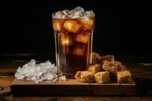 Iced Coffee and Sugar Cubes Served in Clear Glass on Wooden Coaster photo