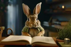 Cute Brown Bunny Rabbit Reading a Book in the Room Looks Diligent and Smart photo