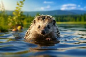 mini erizo nadando en el Fresco agua lago con paisaje naturaleza antecedentes en brillante día foto