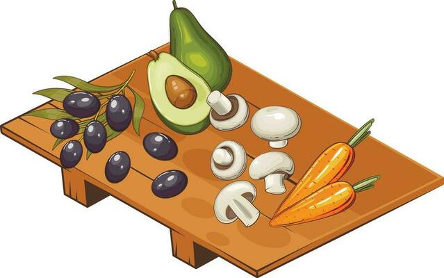 Fresh Vegetables Illustration, Vegetables Mix of Potato, Avocado, Olives, Mushroom and Carrot