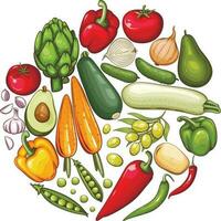 Fresco vegetales ilustración, vegetales mezcla de papa, tomate, cebolla, Olivos, palta, zanahoria, ajo, raíz y campana pimienta vector