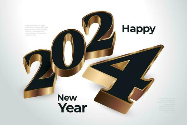 Creative New Year 2024 Banner or Poster Design with Black and Gold 3D Numbers. Happy New Year 2024 Design