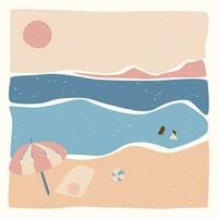 Modern abstract minimalist landscape poster.  Sea beach with people, summer supplies. Back to nature. Pastel colors. Boho mid-century  art print. Flat design. Stock vector illustration