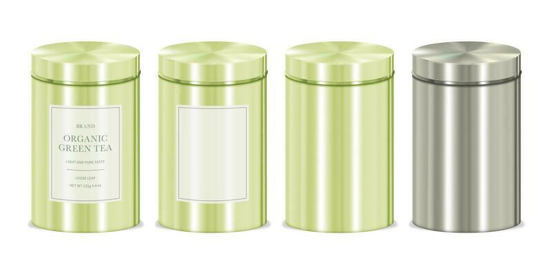 Realistic Detailed 3d Different Types Tea Metal Tin with Lid Mockup Set. Vector