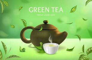 Realistic Detailed 3d Green Tea Fresh Loose Leaf Ads Banner Concept Poster Card. Vector