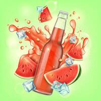 Realistic Detailed 3d Watermelon Organic Juice Bottle Concept Background. Vector