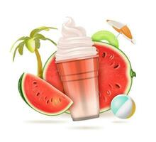 Realistic Detailed 3d Watermelon Natural Smoothie Concept Background. Vector