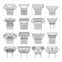 Ancient Columns Black Thin Line Icon Set. Vector