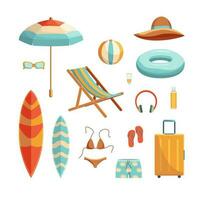 Cartoon Color Different Beach Accessories Set. Vector