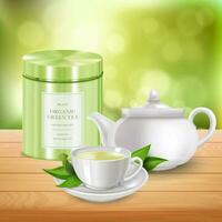 Realistic Detailed 3d Tea Metal Tin, Teapot and Cup on Wooden Surface and Blurred Background. Vector