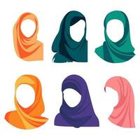 Cartoon Color Different Woman Wearing Colorful Hijabs Icon Set. Vector