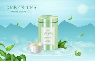 Realistic Detailed 3d Green Tea Natural and Pure Taste Ads Banner Concept Poster Card. Vector